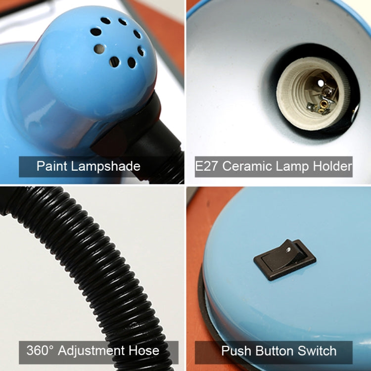 LED desk lamp parts: blue shade, E27 holder, 360 hose, push button switch