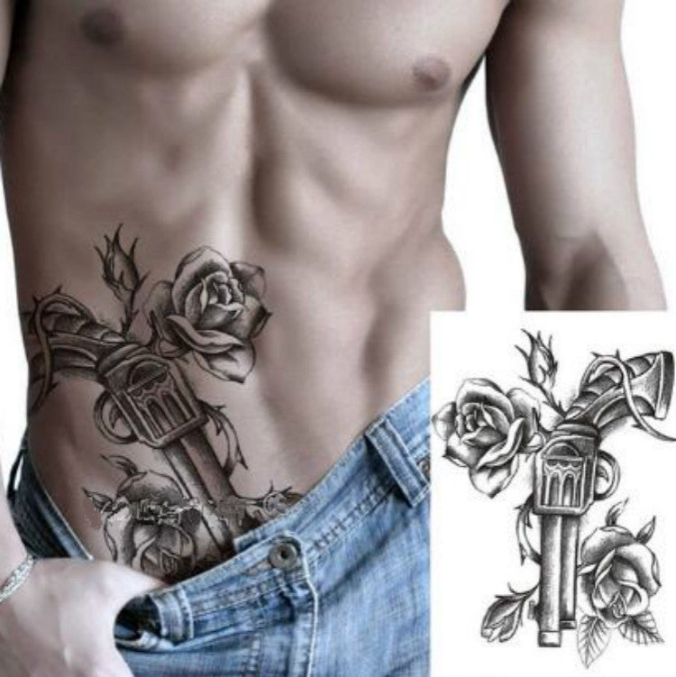 2-pack arm disposable tattoo stickers, rose-and-torch black outline shown on torso inset