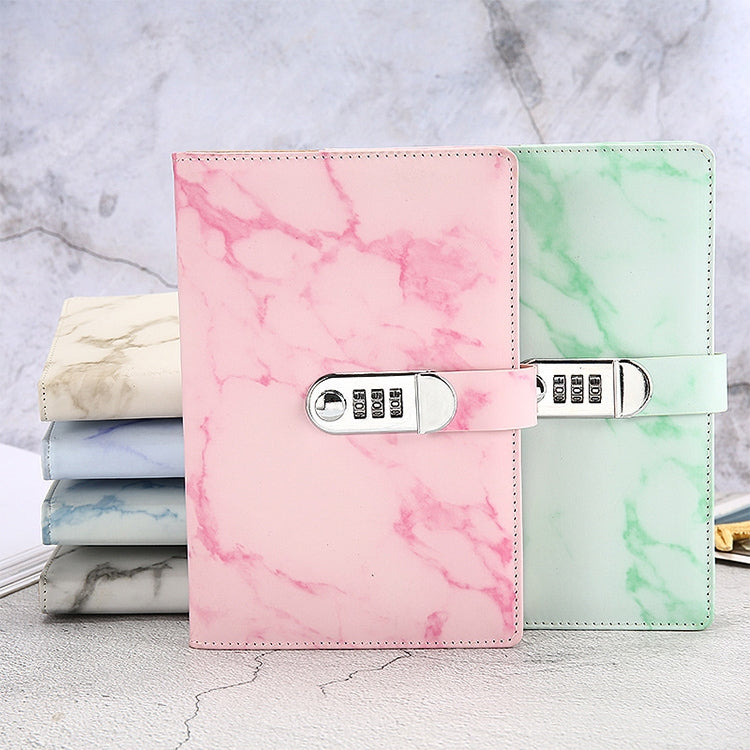 Marble texture password lock notebook with strap closure and stitched edges