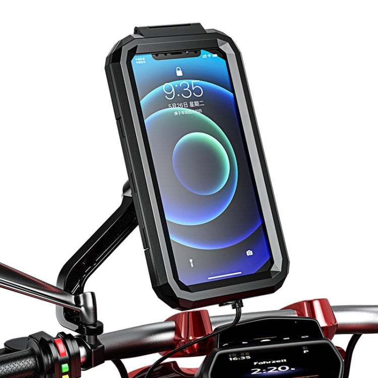Waterproof phone rearview mirror mount with touch-screen case on motorcycle handlebar