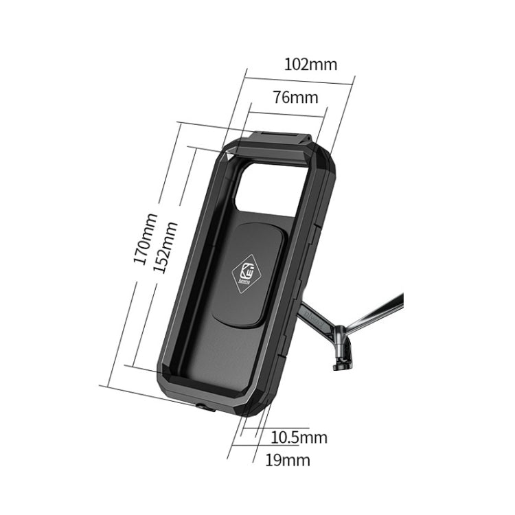 Waterproof rearview phone holder with front window and labeled measurements diagram