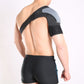 Back view shoulder brace with fixed strap and gray pad over upper arm, black
