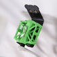 Black bicycle wall hook holding a green bike frame accessory