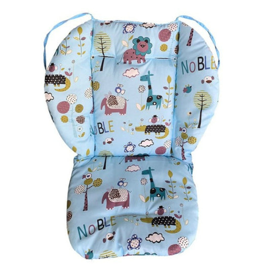 Quilted infant stroller cushion, blue with farm animal print, padded seat and back
