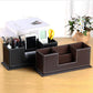 Brown leather desktop pen holder organizer with angled compartments for stationery