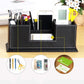 Black leather desktop pen holder with five compartments and labeled storage sections