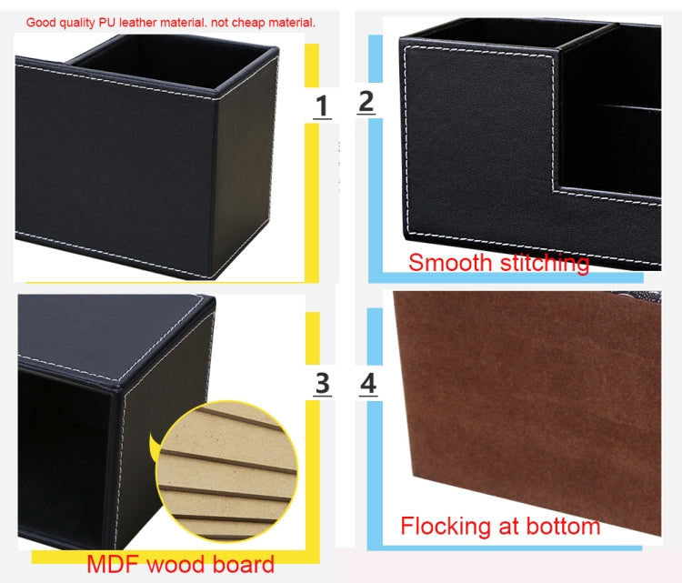 Black leather desktop pen organizer showing smooth stitching and sturdy base detail