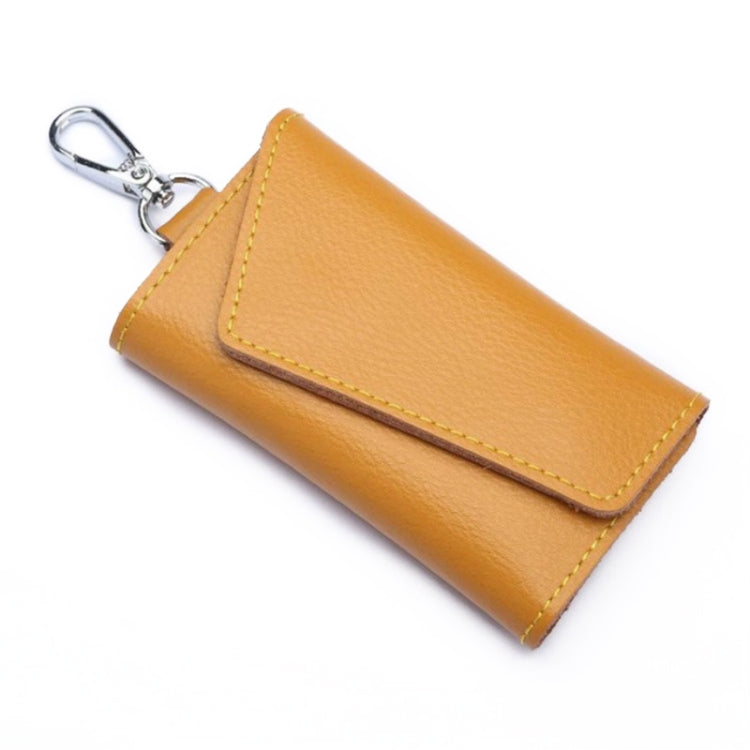 Yellow litchi-texture leather keychain key bag with metal carabiner clip and flap
