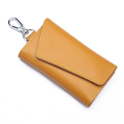 Yellow litchi-texture leather keychain key bag with metal carabiner clip and flap