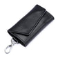 Black litchi-texture leather keychain key bag with snap flap and metal keyring