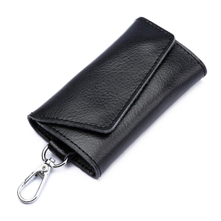 Black litchi-texture leather keychain key bag with snap flap and metal keyring