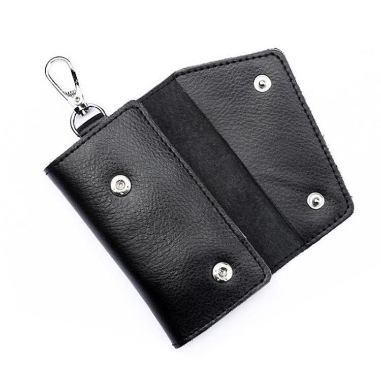 Black litchi-texture leather keychain key bag with double snap flaps and metal keyring