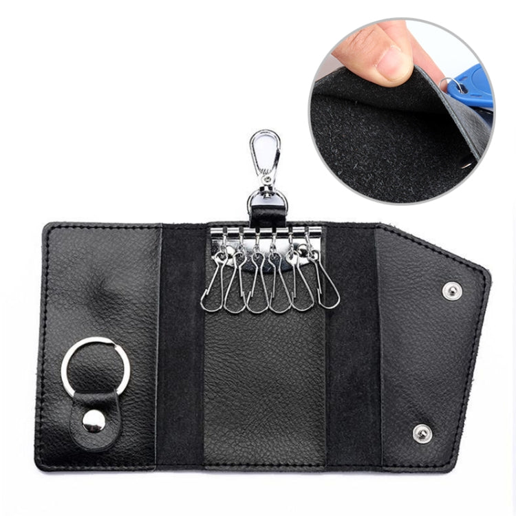 Black leather keychain key bag wallet open, showing key hooks and snap compartments