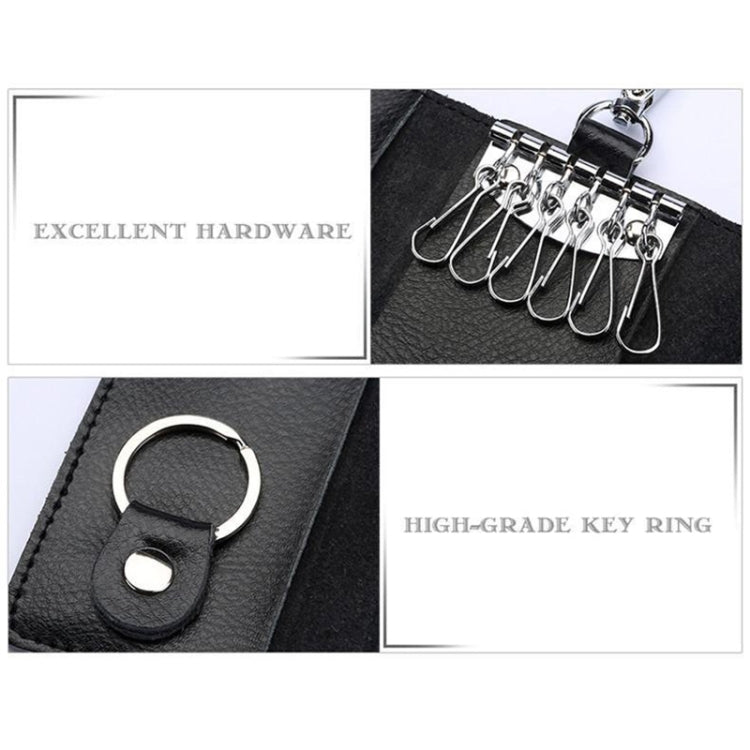 Black leather keychain key bag with metal keyring hooks and keyring loop
