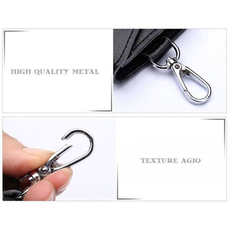 Black leather keychain key bag with metal keyring clasp and hanging hook