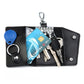 Black leather keychain key bag open with keys, card pocket, and keyring fob