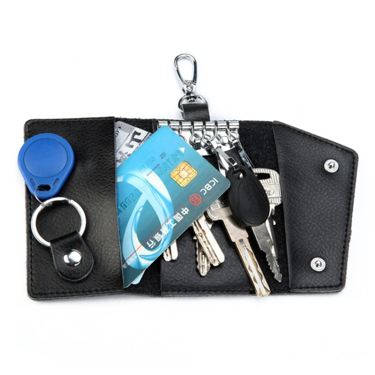 Black leather keychain key bag open with keys, card pocket, and keyring fob