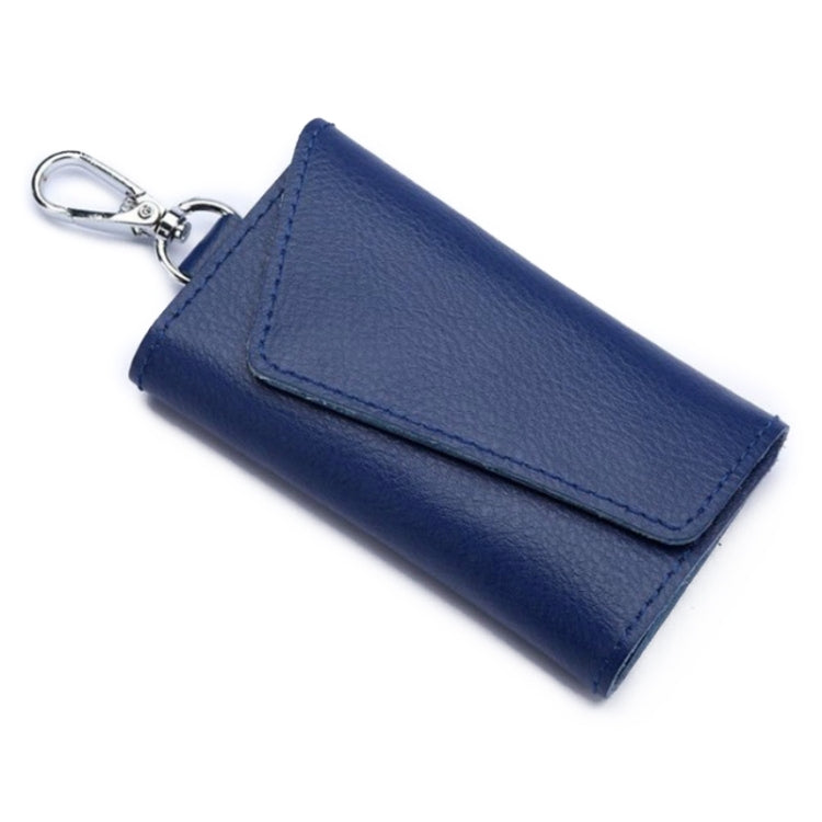 Blue litchi-texture leather keychain key bag with metal clip and stitched flap
