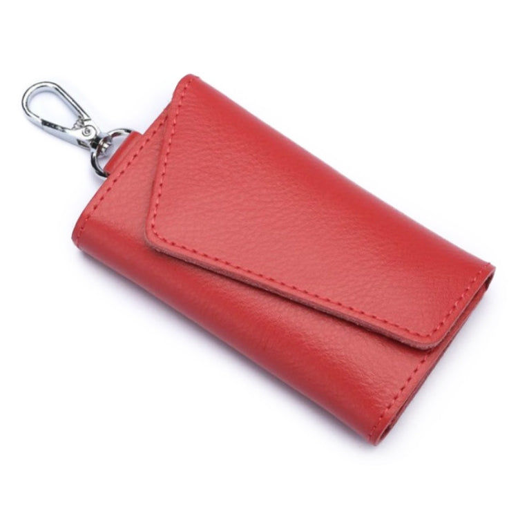 Red litchi-texture leather keychain key bag with metal clip and stitched snap flap