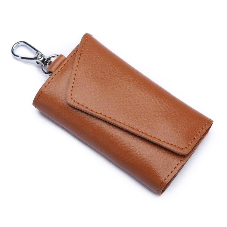 Tan leather keychain pouch with stitched snap flap and metal keyring, litchi texture.