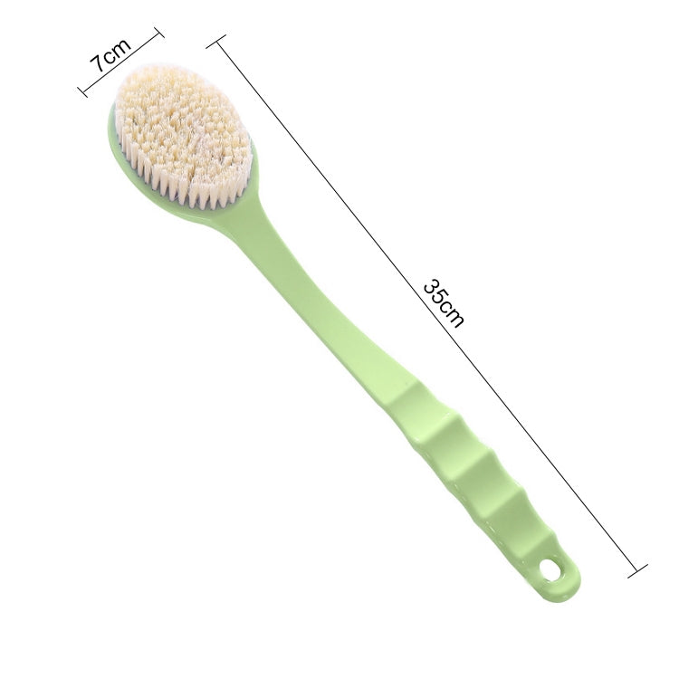 Long-handled bath brush with soft white bristles on green handle, 7 cm head.