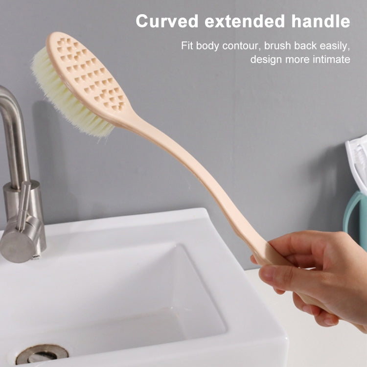 Curved extended bath brush with light-colored handle and soft bristle massage head.