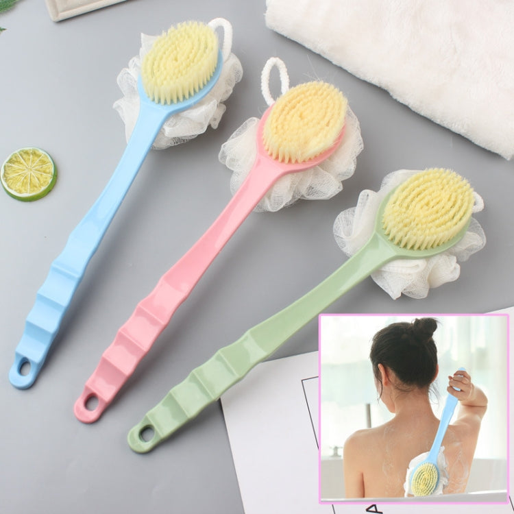Set of three long-handled bath brushes with soft bristle heads in blue, pink, and green.