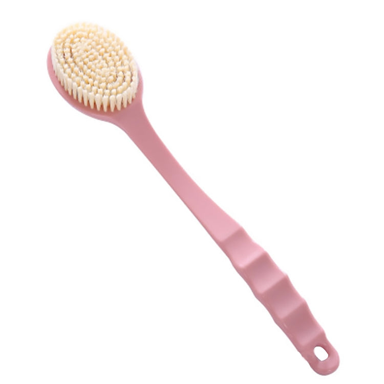Long-handled bath brush with pink handle and soft tan oval bristle head.