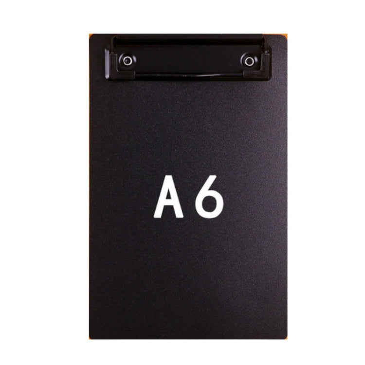 Black A6 clipboard folder with metal clip and centered A6 label.