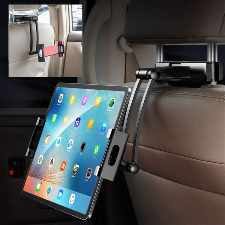 Black rear seat holder with adjustable arms holding a device with a red screen