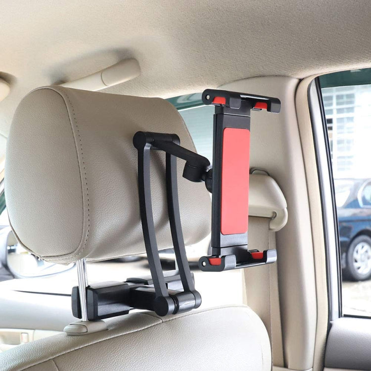 Red-and-black rear seat phone holder bracket with adjustable straps and side clamps