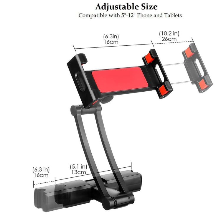Adjustable red-and-black rear seat phone holder bracket with extendable arms
