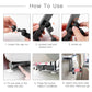 Hands assembling a black rear seat phone holder bracket with ball-and-socket joints