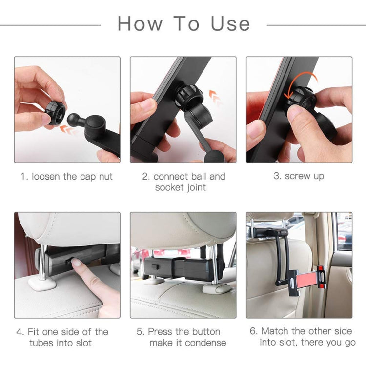 Hands assembling a black rear seat phone holder bracket with ball-and-socket joints