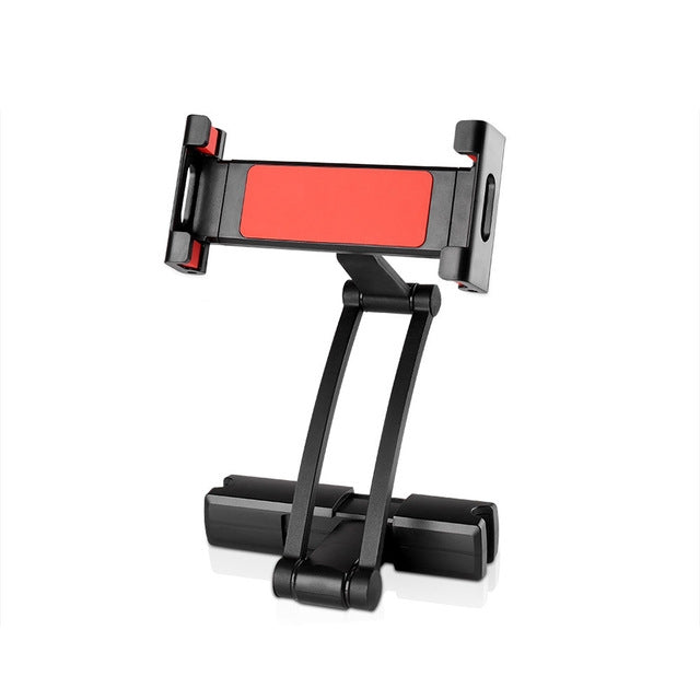 Black rear seat phone holder bracket holding a device with a red screen in portrait view