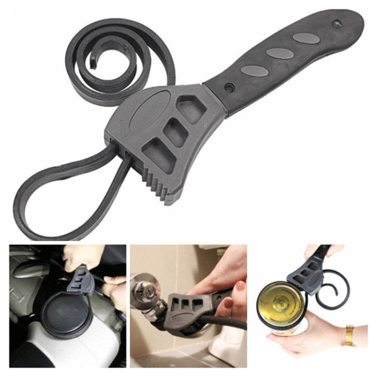 Small multifunctional belt wrench with adjustable plastic head and looping strap, dark gray