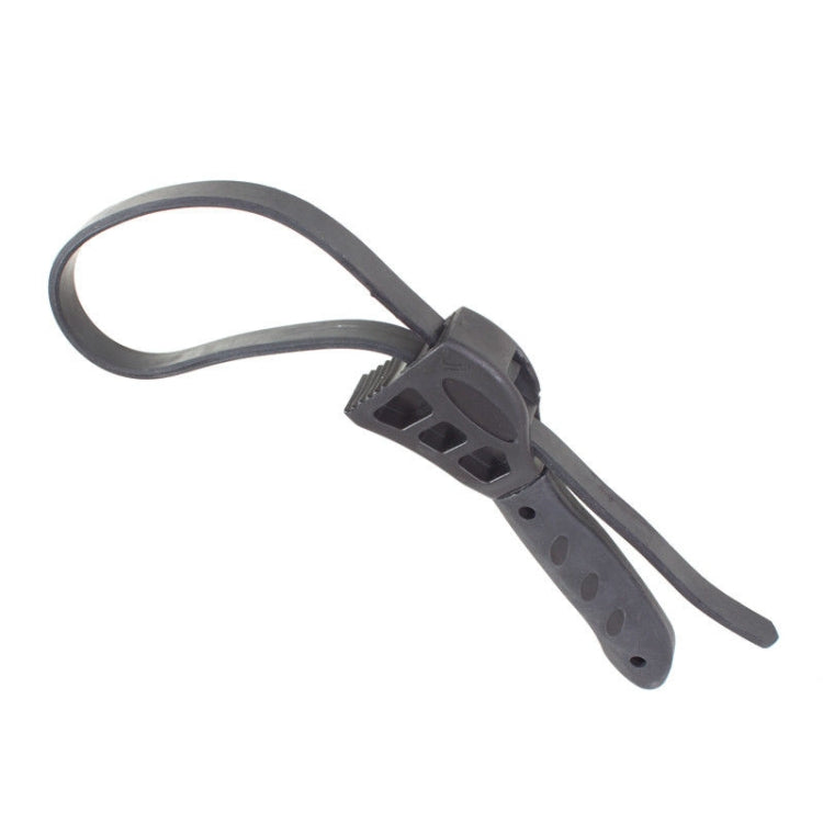 Adjustable belt wrench tool with serrated jaw and strap loop, dark gray plastic