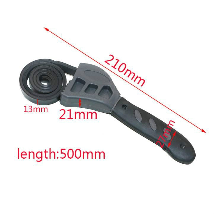 Small multifunctional belt wrench with measurement-free view of strap and adjustable jaw