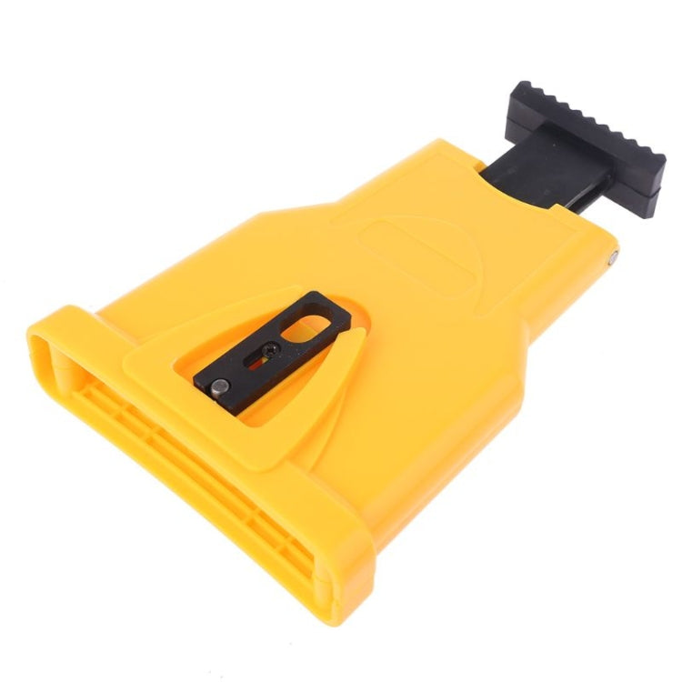 Yellow chainsaw chain sharpener jig with black sharpening guide slot