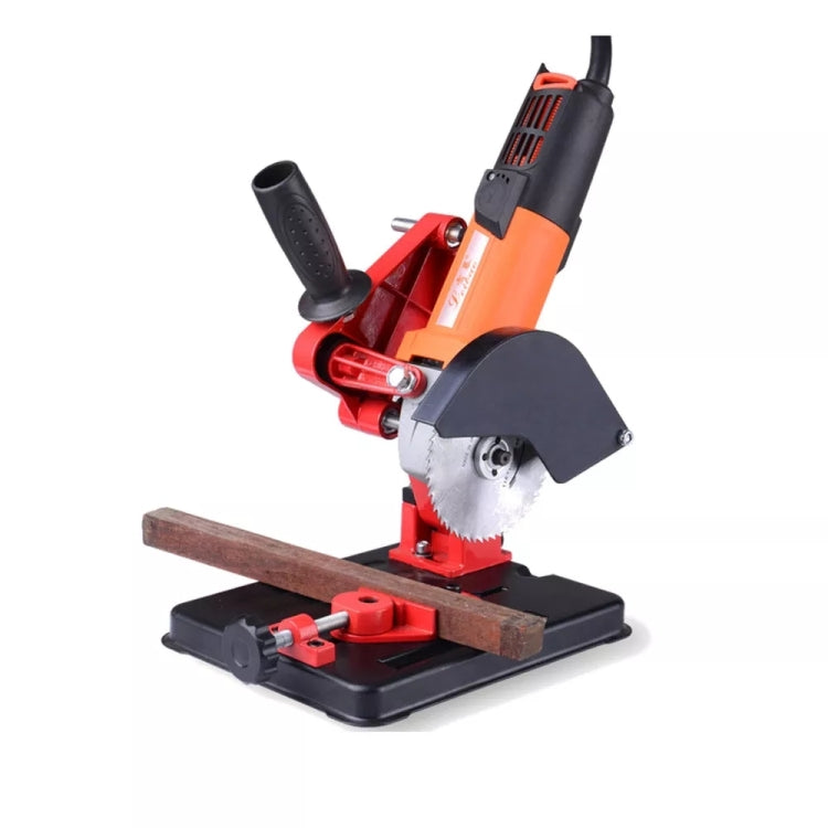 Mounted fixed-angle grinder bracket with black base, guard, and orange grinder body