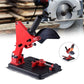 Red fixed-angle grinder bracket on black base with side handle and wheel guard