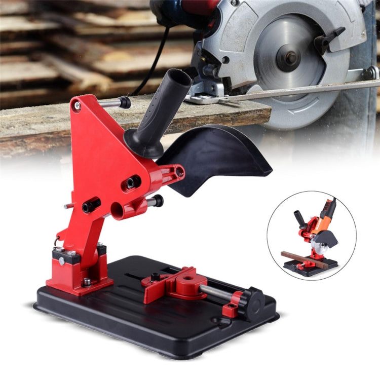 Red fixed-angle grinder bracket on black base with side handle and wheel guard