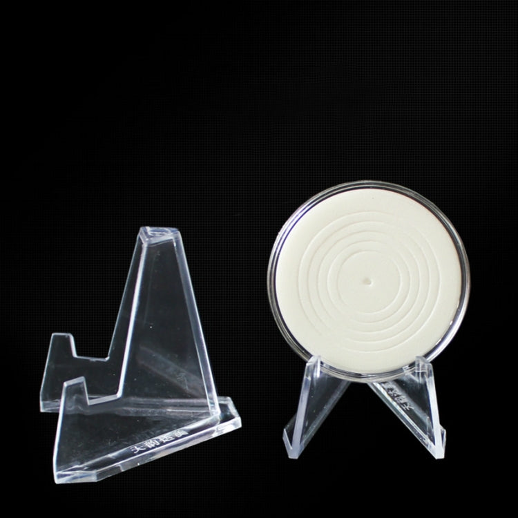 Clear acrylic coin/badge tripod stand with a single round display holder