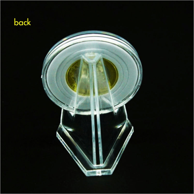 Clear acrylic coin holder tripod stand viewed from the back