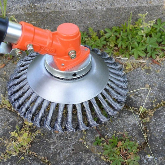 Steel wire grass cutting brush head with round metal plate and rotating bristles