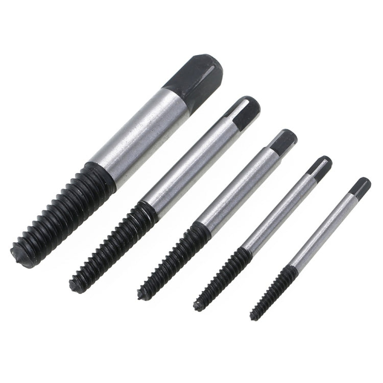 Broken screw extractor tool set, steel bits with black shanks and threads