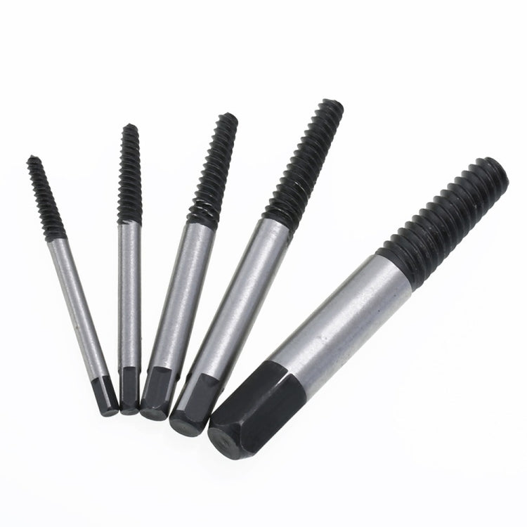 Broken screw extractor bits set, five black-threaded steel extractors