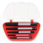 Broken screw extractor bits in red case, black-threaded steel extractors