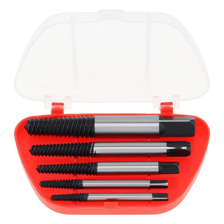 Broken screw extractor bits in red case, black-threaded steel extractors