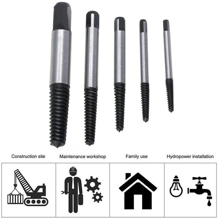Broken screw extractor bit set, assorted lengths with black threads and silver shafts